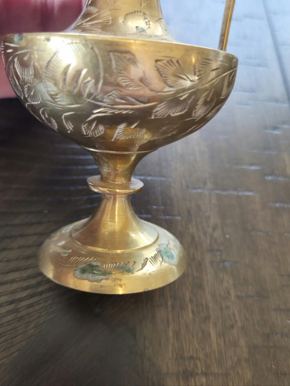 Vintage Etched Brass Pitcher India - Ornate Floral Footed Ewer Vase - Picture 5 of 12
